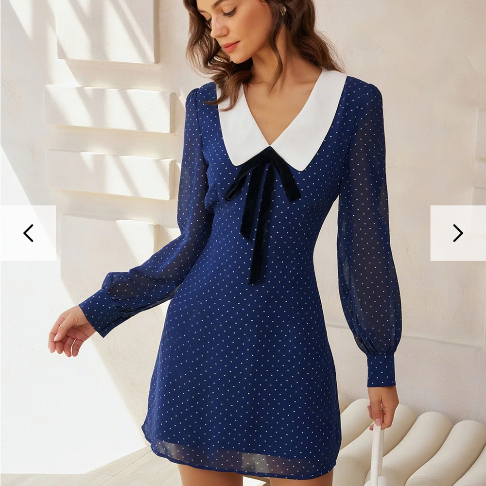 RIHOAS Navy Polka Dot Dress with White Collar - Picture 4 of 7